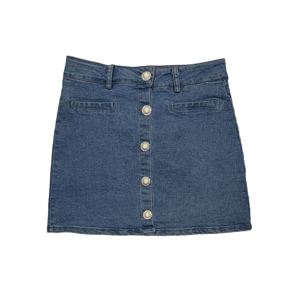Jolie & Joy Denim Mini Skirt Women's Small NWT Faux Pearl & Rhinestone Buttons